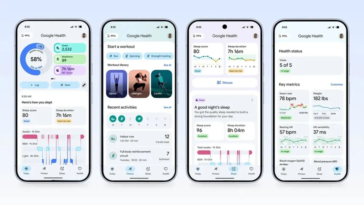 The Google Health 5.0 interface displays a customizable home screen widget for tracking daily wellness metrics on Android.