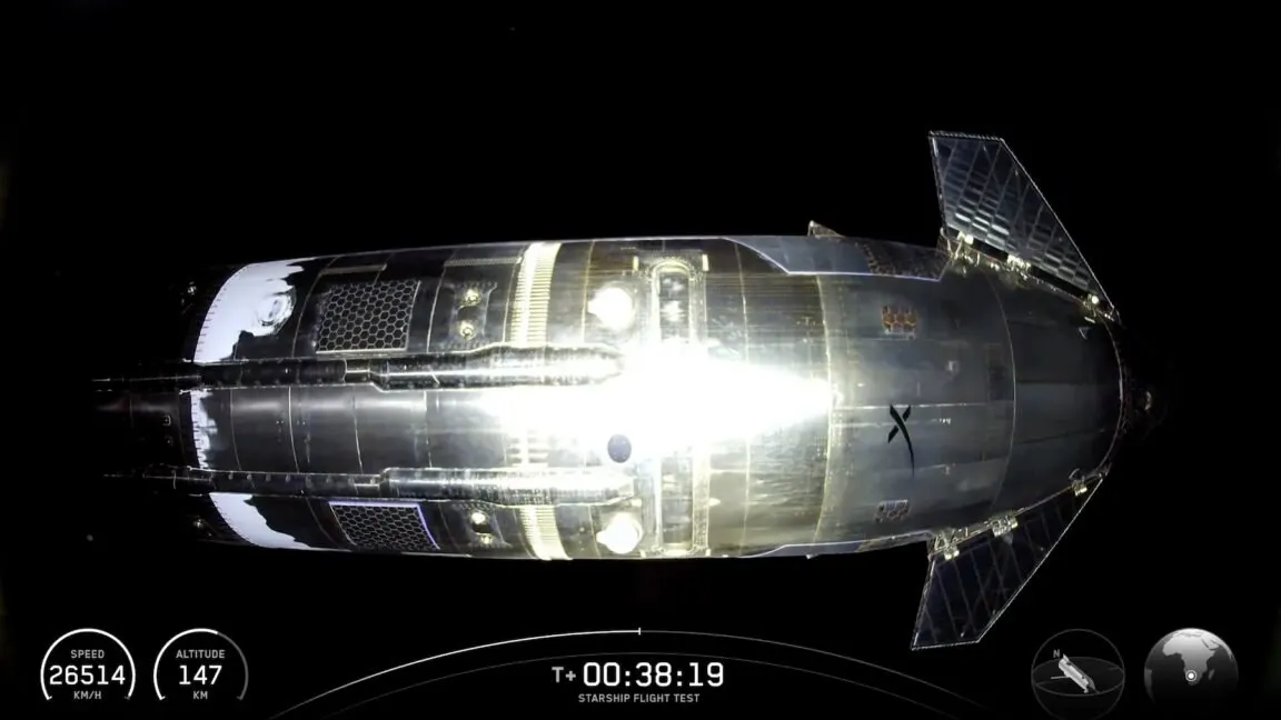 The SpaceX Starship V3 rocket stands on the launchpad before its first test flight.