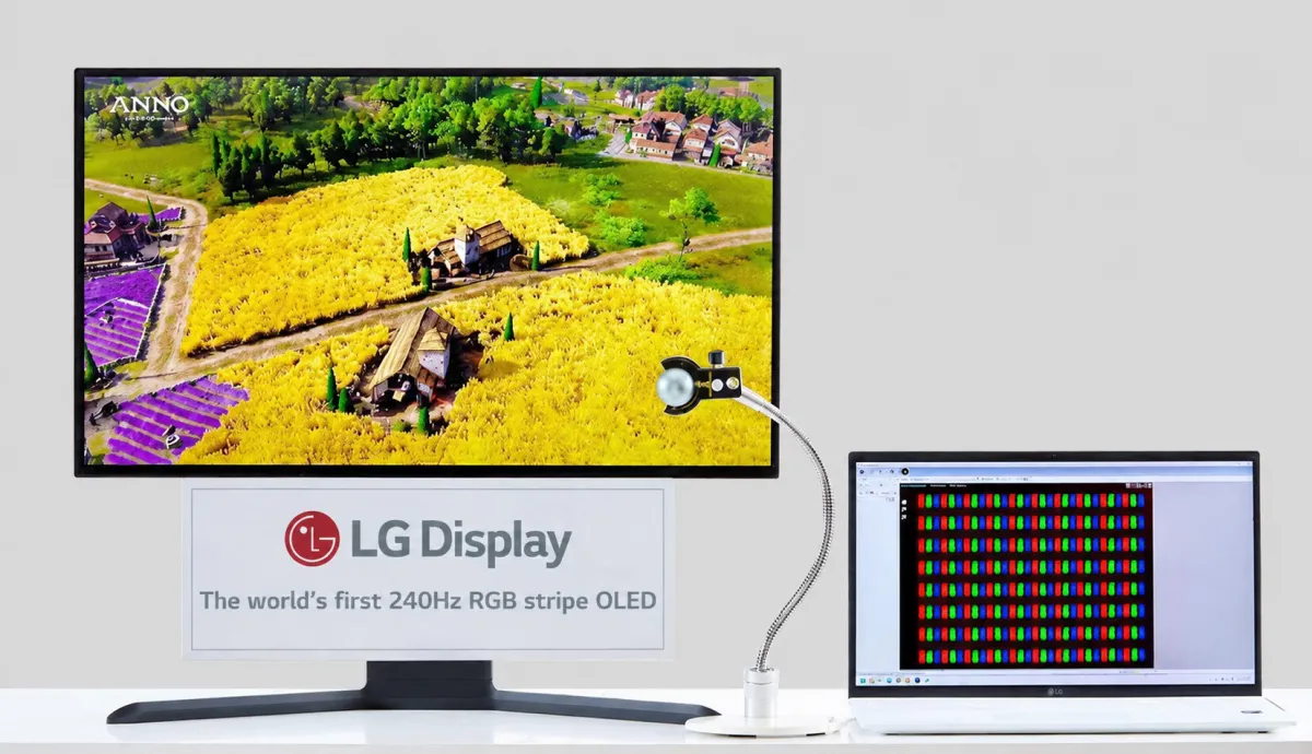 This image displays an LG Display RGB Stripe OLED panel prototype with a 240 Hz refresh rate for premium monitors.