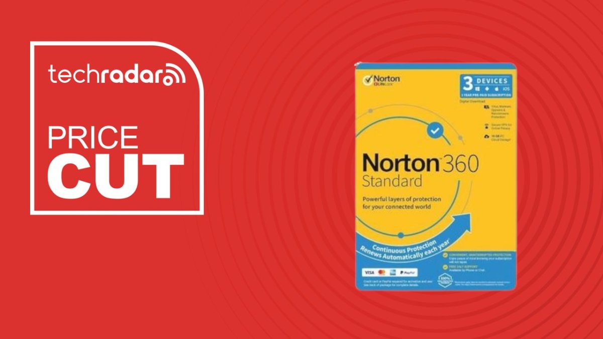 The Norton 360 Standard dashboard displays active threat protection and connected device status.