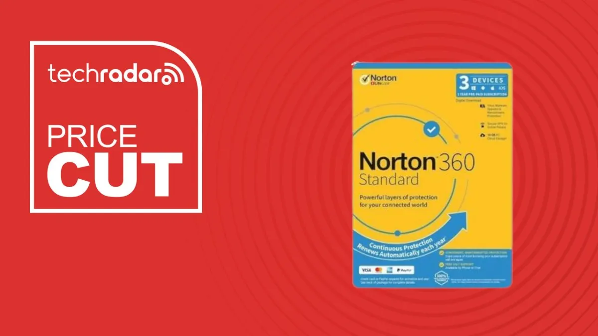 The Norton 360 Standard dashboard displays active threat protection and connected device status.