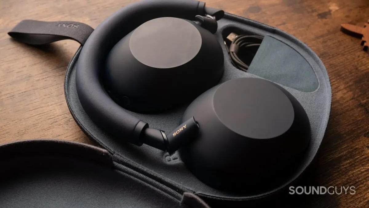The Sony WH-1000XM6 headphones are shown in the new Sandstone sandy beige finish.