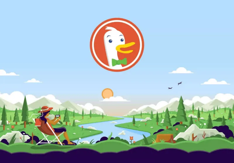 A smartphone displays the DuckDuckGo search application interface.