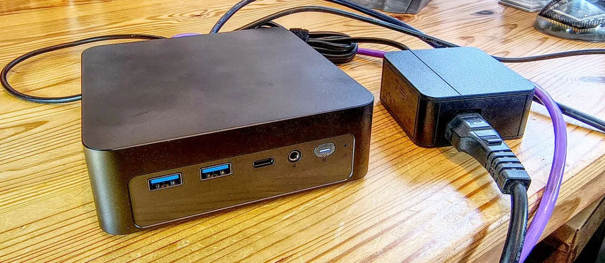 Front view of the Chuwi AuBox X 256V mini PC showing its compact chassis and Intel Core Ultra 200 series processor.