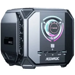 Front view of the ACEMAGIC Tank M1A Pro+ mini PC highlighting its compact cube chassis and front-mounted power dial.