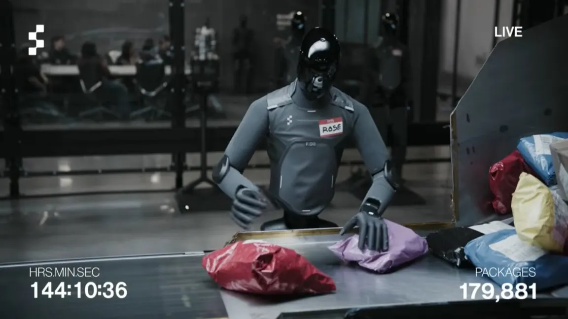 Humanoid robots sorting packages during Figure AI's twenty-hour continuous automation demonstration