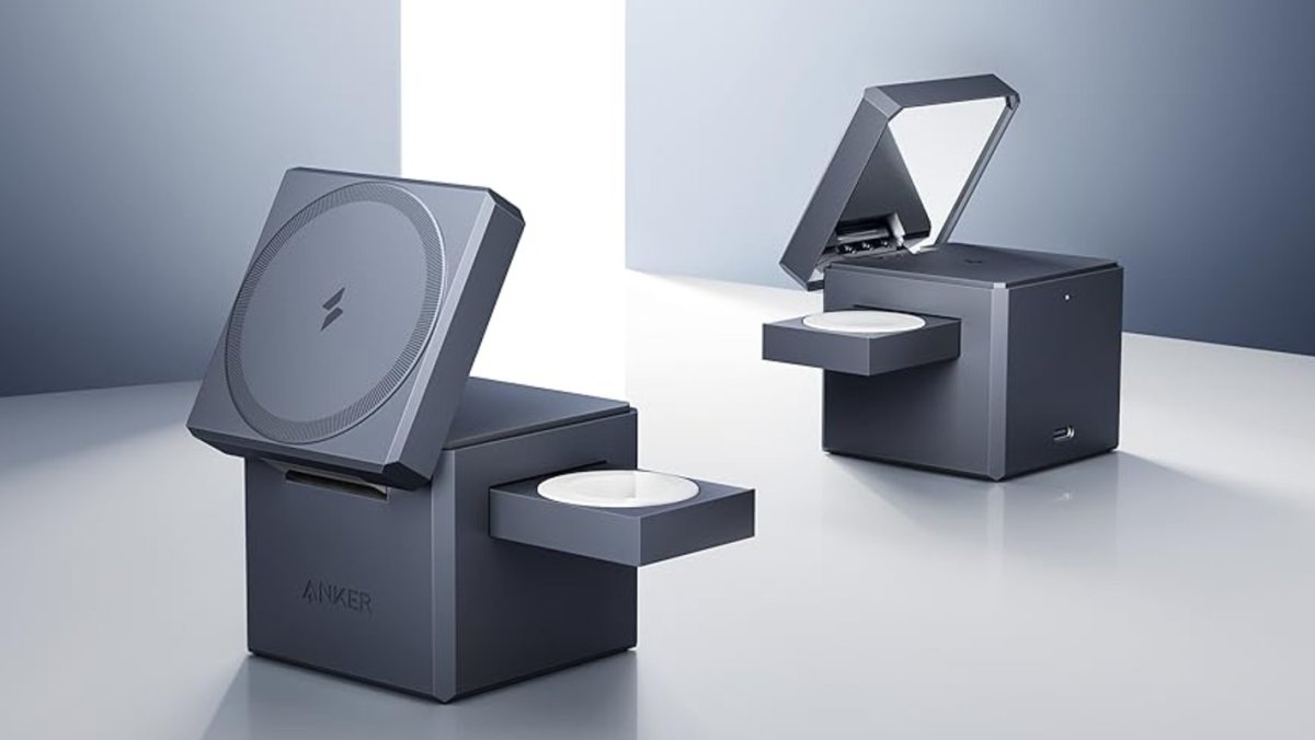 Anker three-in-one MagSafe charging station with foldable iPhone pad, Apple Watch cradle, and AirPods charging zone.
