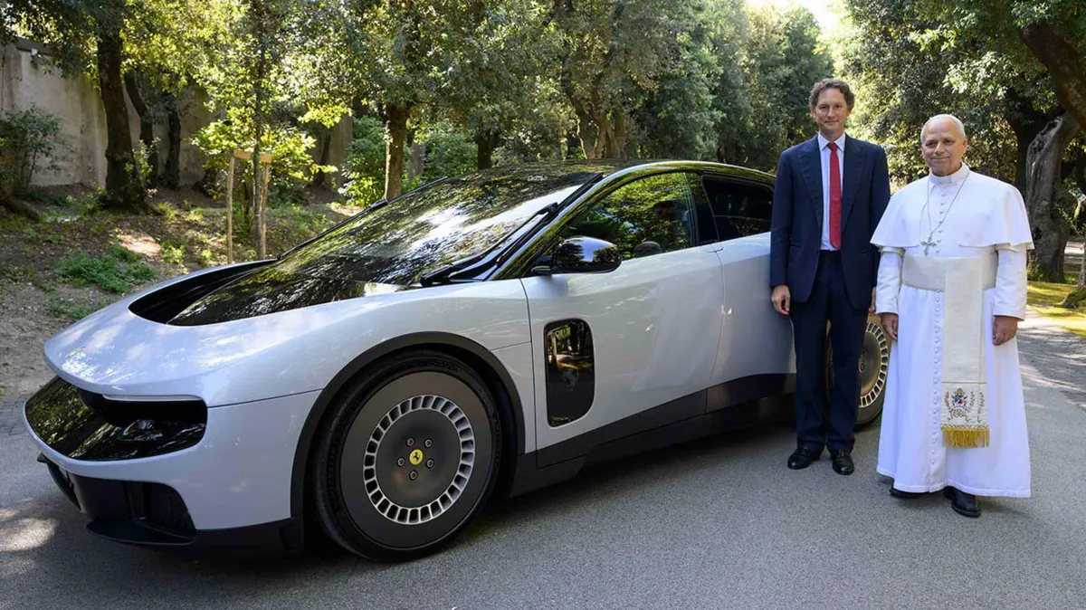The Ferrari Luce electric four-door sedan displays its controversial design developed with Jony Ive's LoveFrom studio.