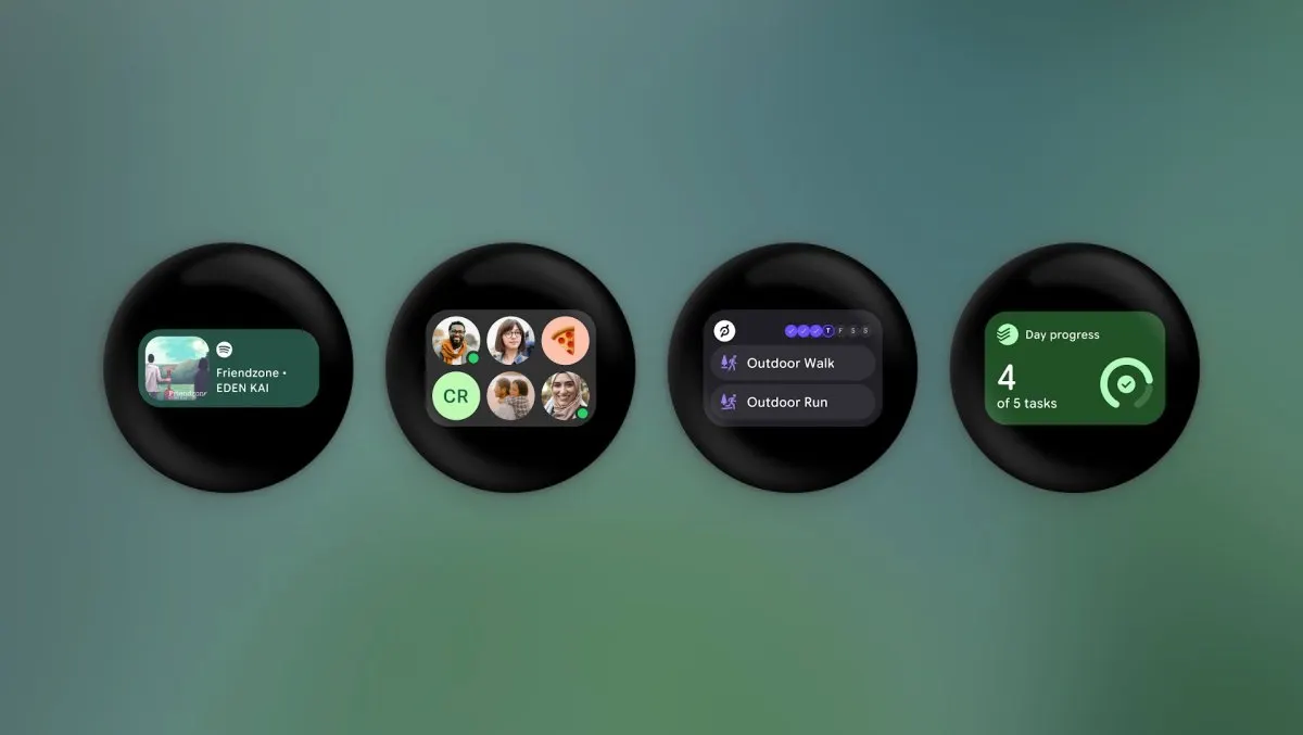 The screen displays rectangular Wear OS 7 widgets alongside traditional circular tiles.