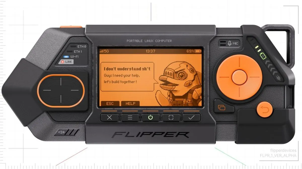 The Flipper One hardware features dual Ethernet ports, WiFi 6E connectivity, and a co-processor architecture diagram.