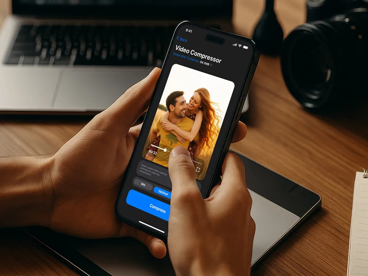 iPhone storage dashboard showing AI cleanup tools for duplicate photos, large files, and contact organization.