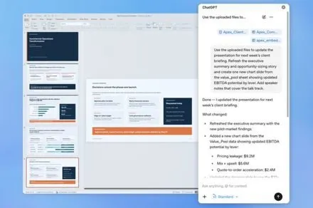 PowerPoint Beta interface showing the ChatGPT sidebar for creating and analyzing presentations.