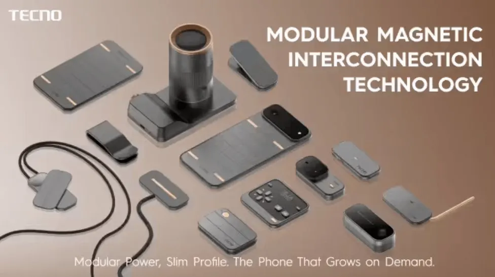 Tecno showcases a concept smartphone with magnetic connectors for modular hardware replacement.