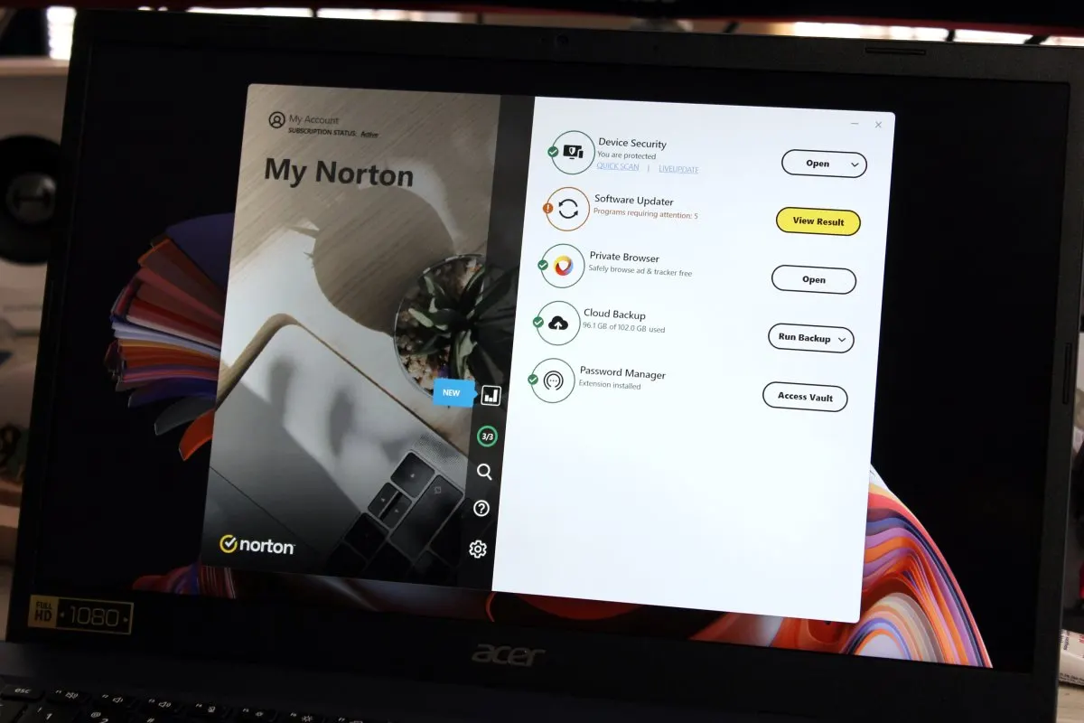 Norton Antivirus Plus software interface displaying core security features and system utility options.