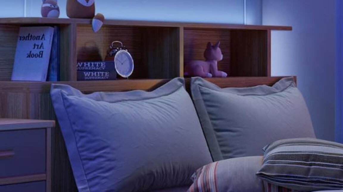 The promotional photograph shows book spines with extremist text above a child bed.