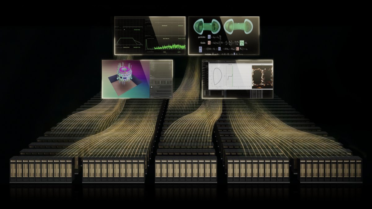 Rows of computing servers in a data center convert electrical power into artificial intelligence processing.