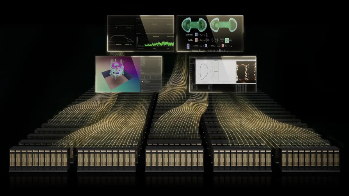 Rows of computing servers in a data center convert electrical power into artificial intelligence processing.