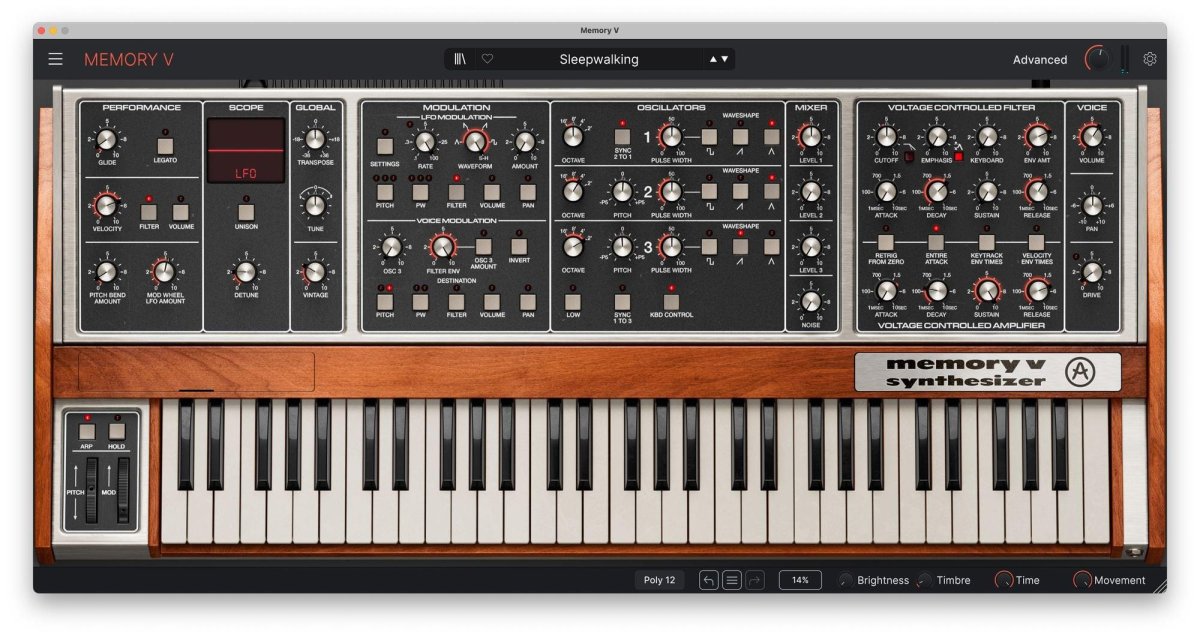 Arturia Memory V software synthesizer interface emulating the vintage Memorymoog