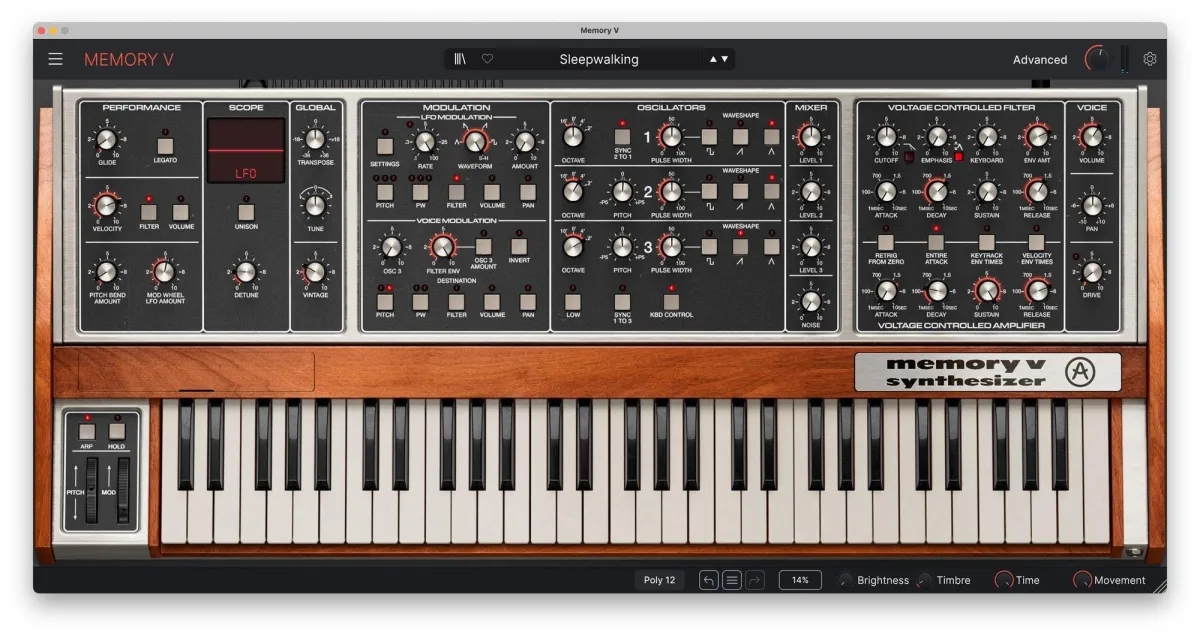 Arturia Memory V software synthesizer interface emulating the vintage Memorymoog
