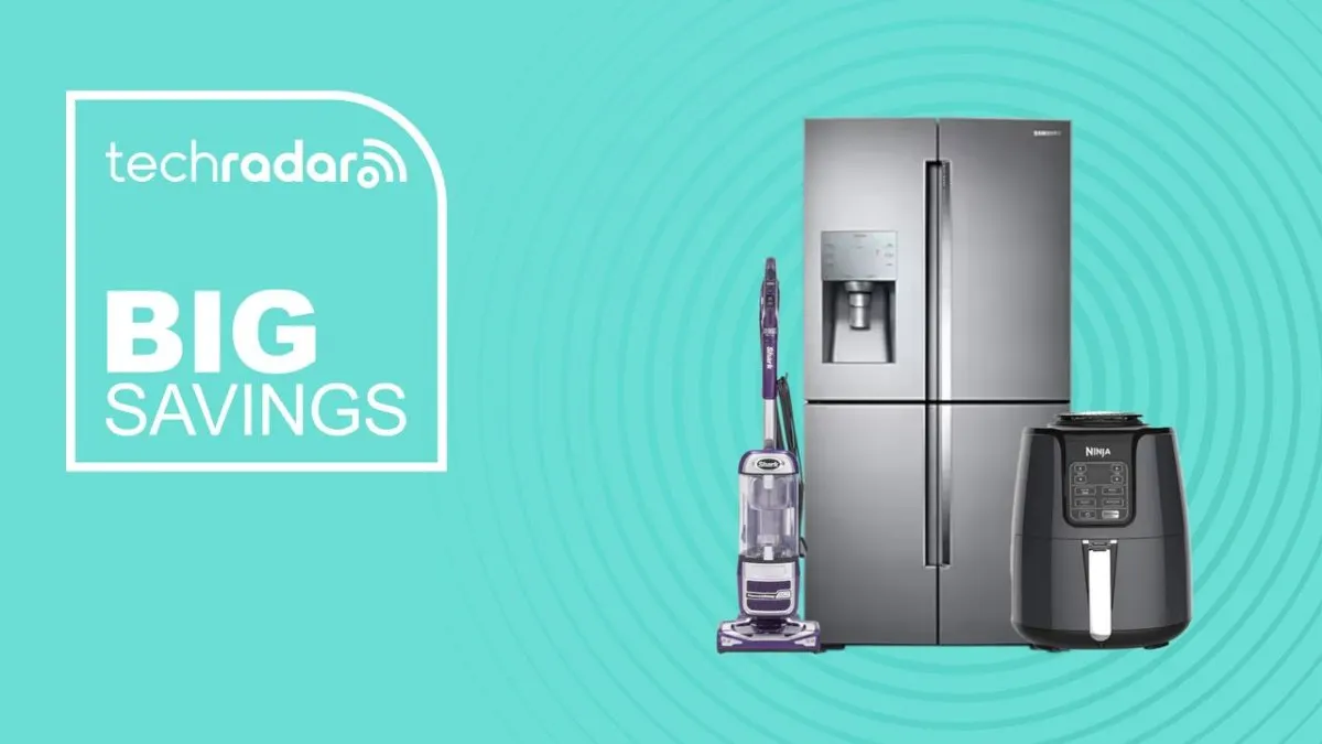 Memorial Day appliance sale graphic featuring discounted refrigerators, coffee makers, air fryers, and a Ninja Slushi mach...