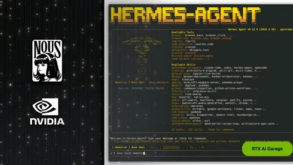 The diagram illustrates the Hermes framework deploying adaptive AI agents on local NVIDIA RTX and DGX Spark hardware.