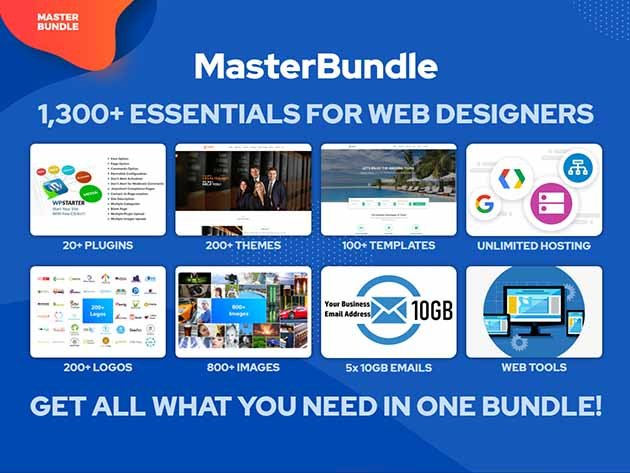 MasterBundle for Web Designers includes over 1300 digital assets such as plugins, themes, templates, logos, and images.