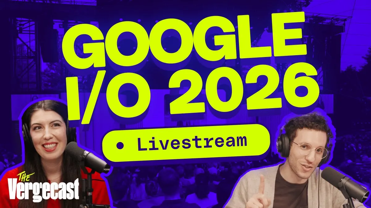 Conference stage showing Google I/O 2026 keynote slides on autonomous agents and the Gemini Omni model.