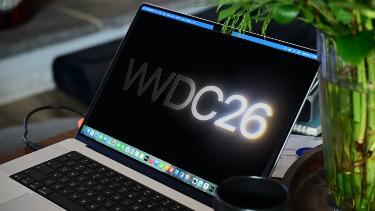 WWDC 2026 conference stage featuring Apple logo and software update displays