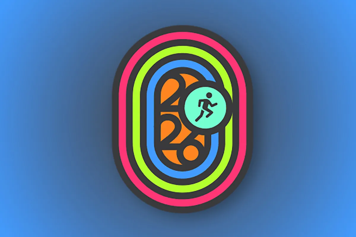 The Apple Watch display shows activity rings and earned achievement badges.