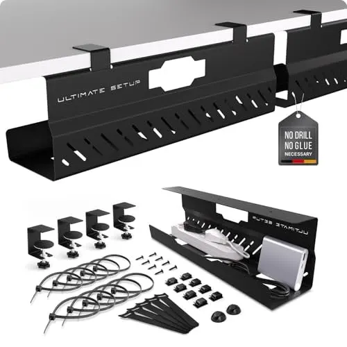 A metal cable tray mounts under a desk to organize power and data cables within a concealed channel.