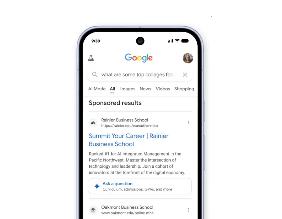 Google Search results showing Gemini-powered sponsored products with AI explanations and interactive chat features.