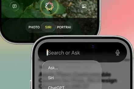The illustration depicts the iOS 27 Siri redesign, featuring gesture navigation and Gemini integration.