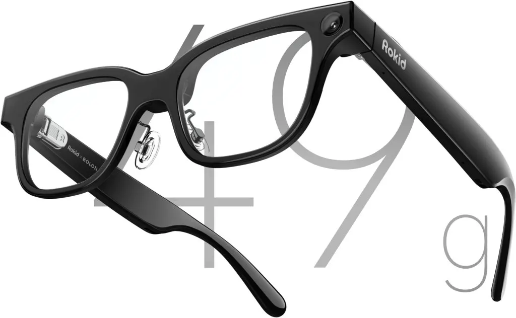 Rokid augmented reality eyewear sits on a stand beside financial charts illustrating the company's upcoming Hong Kong IPO.