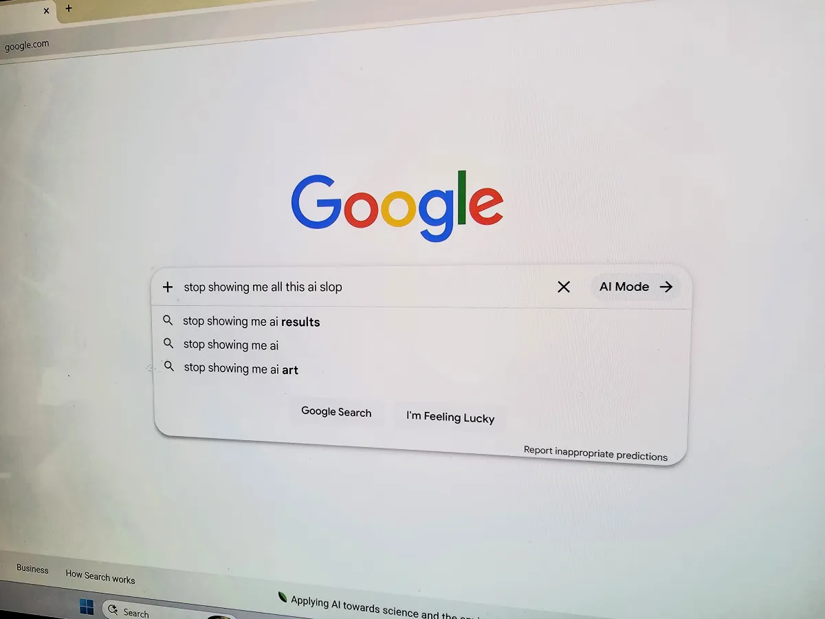 Traditional search results layout is displayed alongside modern AI interface elements.