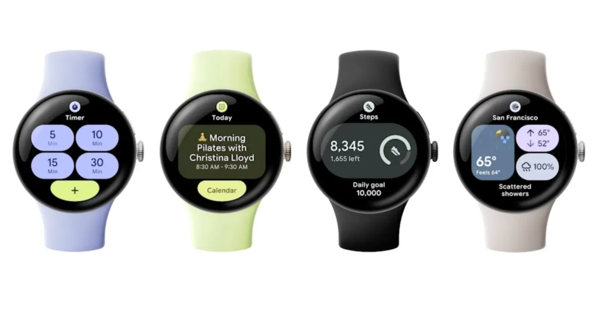 Developer slide illustrating the Wear OS Tiles to Wear Widgets transition with improved battery efficiency and updated lay...