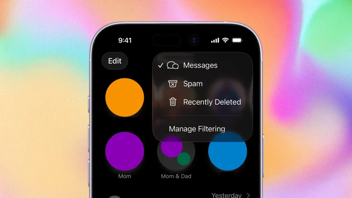 The iPhone screen shows the Messages app spam filtering settings and blocked contacts list.