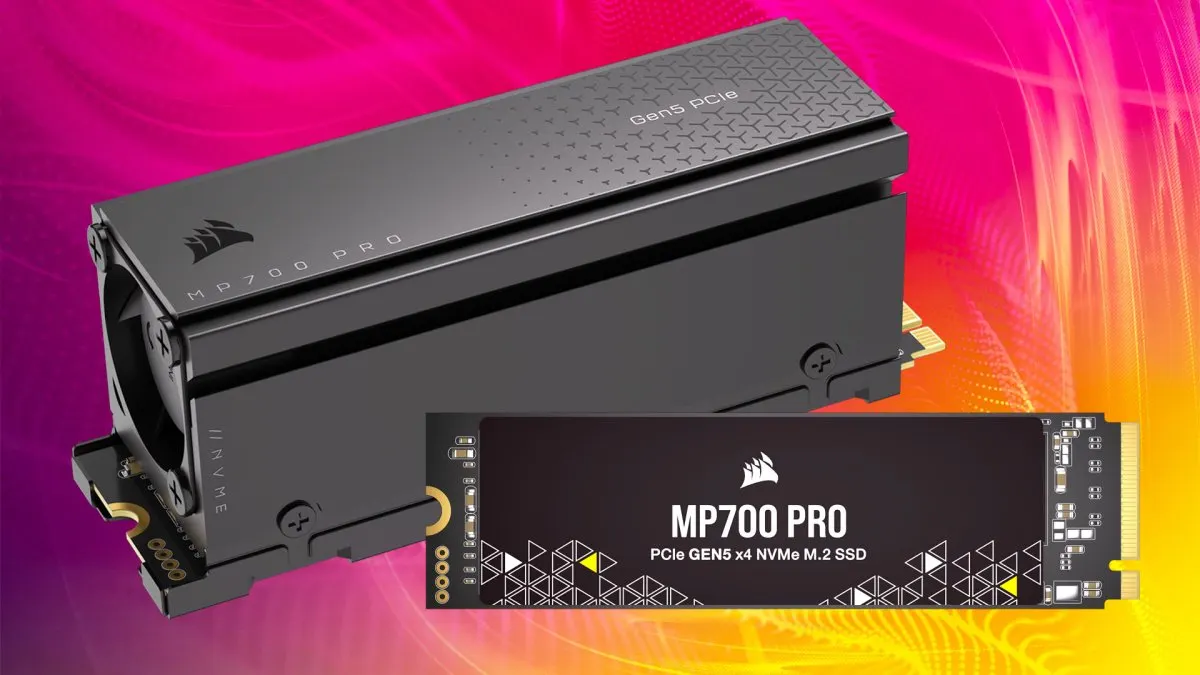 Corsair MP700 Pro PCIe 5 NVMe solid state drive with active cooling heatsink.