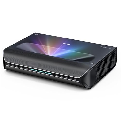 An ultra short throw projector displays a large screen from minimal distance when mounted near a wall.