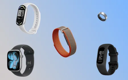 Group of subscription-free fitness trackers and smart rings displaying health metrics on digital screens.