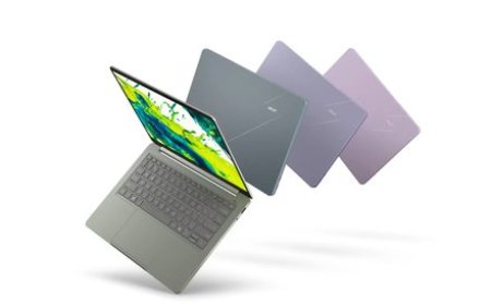 The silver Acer Swift Air 14 laptop features an aluminum chassis and a slim profile.
