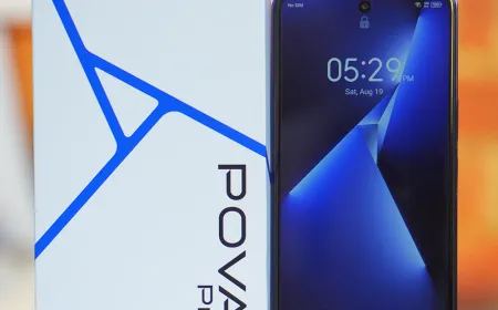 The Tecno Pova 5 Pro smartphone is shown from the front and rear to display its physical design and camera module.