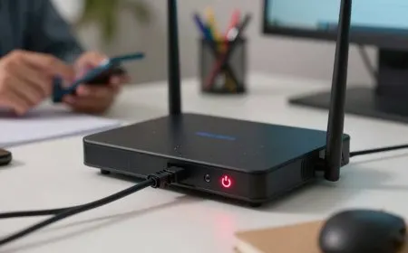 Wireless router with blinking indicator lights, illustrating network connectivity and routine maintenance strategies.