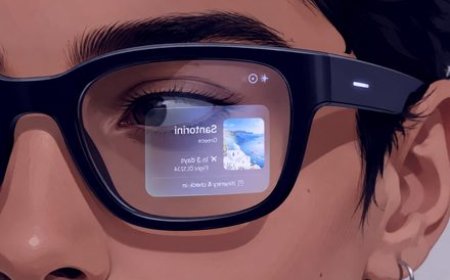A person wears modern smart glasses with discreet frames and integrated sensors.