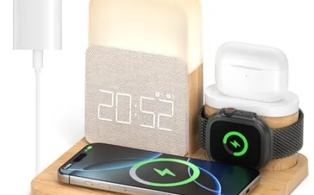 A modern desk clock displays built-in charging ports alongside a minimalist analog face on a wooden surface.