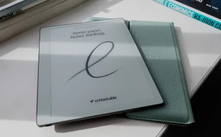 The reMarkable Paper Pure e-paper tablet rests on a desk with its stylus placed beside it.
