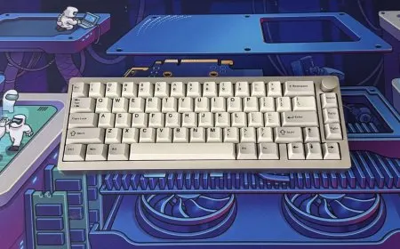 The Epomaker P65 keyboard features an aluminum chassis and white keycaps on a wooden desk.