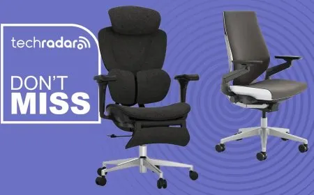 A modern office chair displays a breathable mesh backrest and adjustable lumbar support.