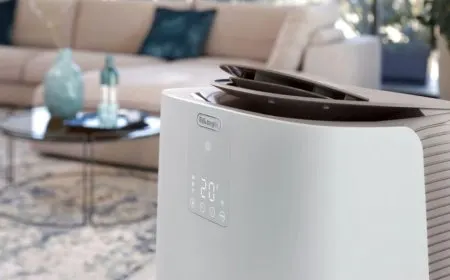 A white De'Longhi Pinguino GentleJet portable air conditioner displays its control panel and exhaust hose.