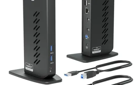 An ergonomic dual laptop desk setup features adjustable stands and organized cable management.