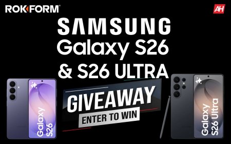 The Samsung Galaxy S26 smartphone is displayed alongside promotional sweepstakes materials.